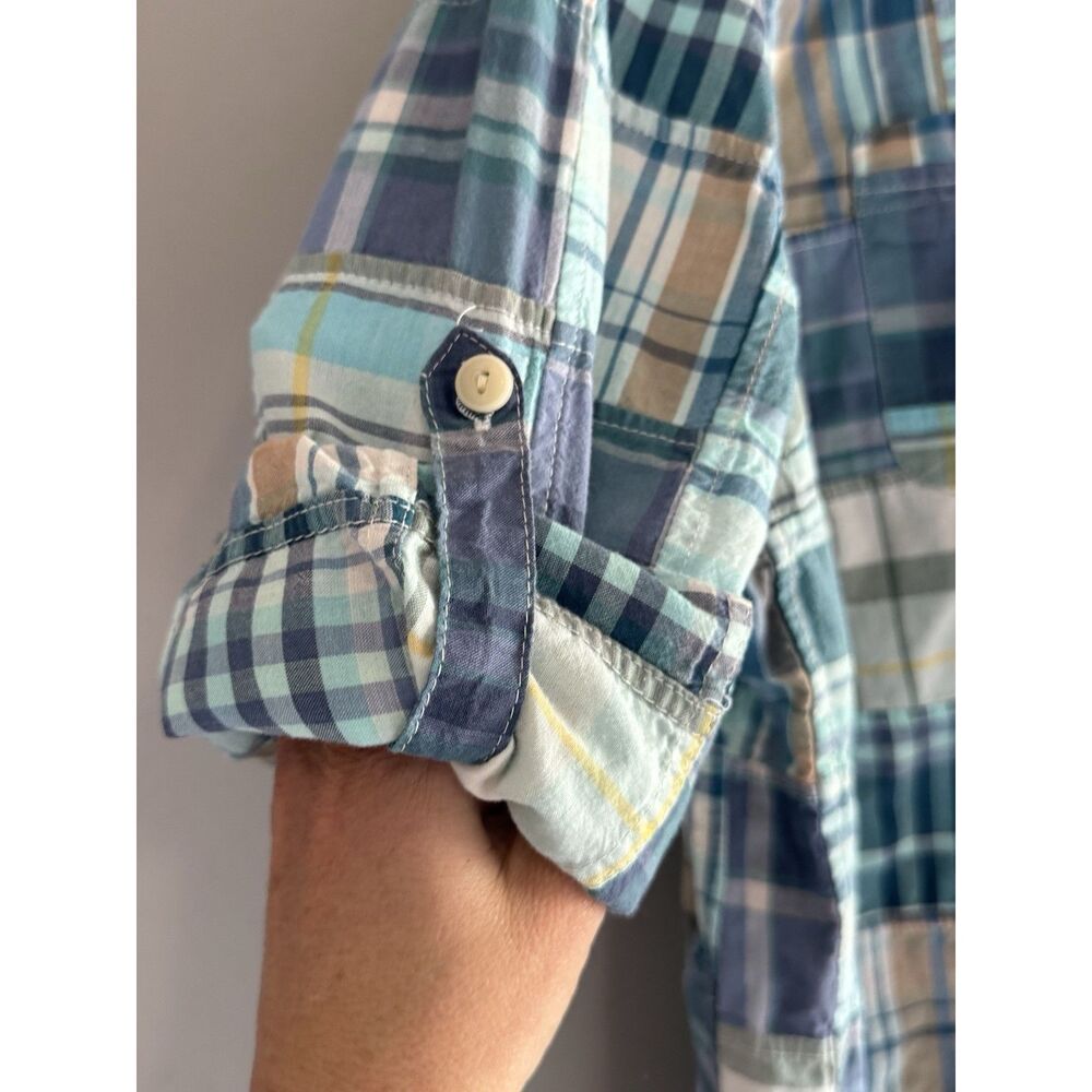 LL Bean Madras Plaid Button Shirt Patchwork Roll Tab Sleeve Country Cottage XL - Picture 4 of 16
